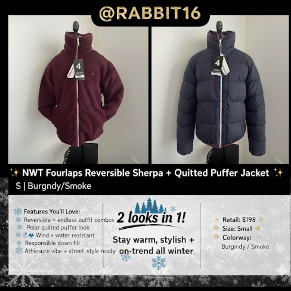NWT Fourlaps reversible polar quilted Sherpa jacket Burgundy/Smoke size Small